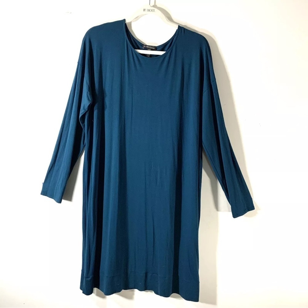 Eileen Fisher Teal Blue Jersey Knit Long Sleeve Dress